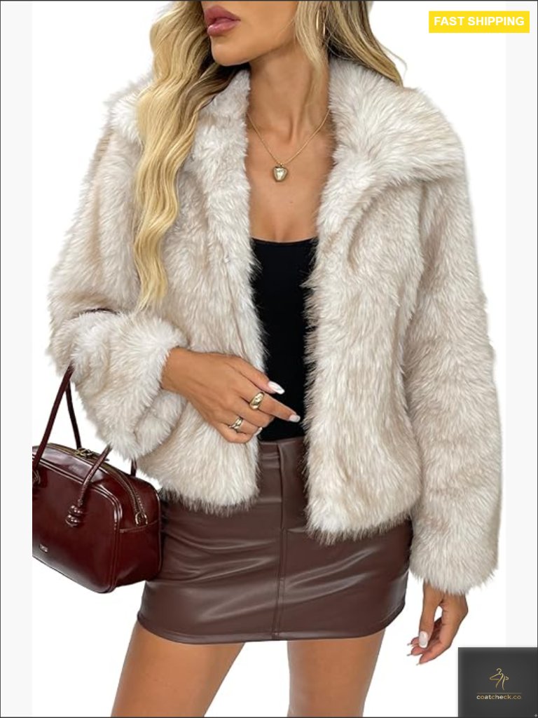 Two-Tone Faux Fur Coat Fluffy Winter Jacket With Lapel Collar Hooks Pockets